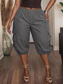 Slaydiva Plus Size Elastic Waist Cargo Tie-Up Capri Pants - Dark Grey - View 2