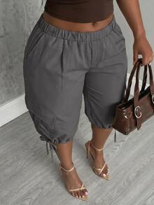 Slaydiva Plus Size Elastic Waist Cargo Tie-Up Capri Pants - Dark Grey - View 9