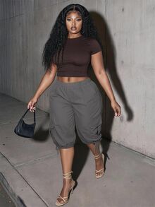 Slaydiva Plus Size Elastic Waist Cargo Tie-Up Capri Pants - Dark Grey - View 6