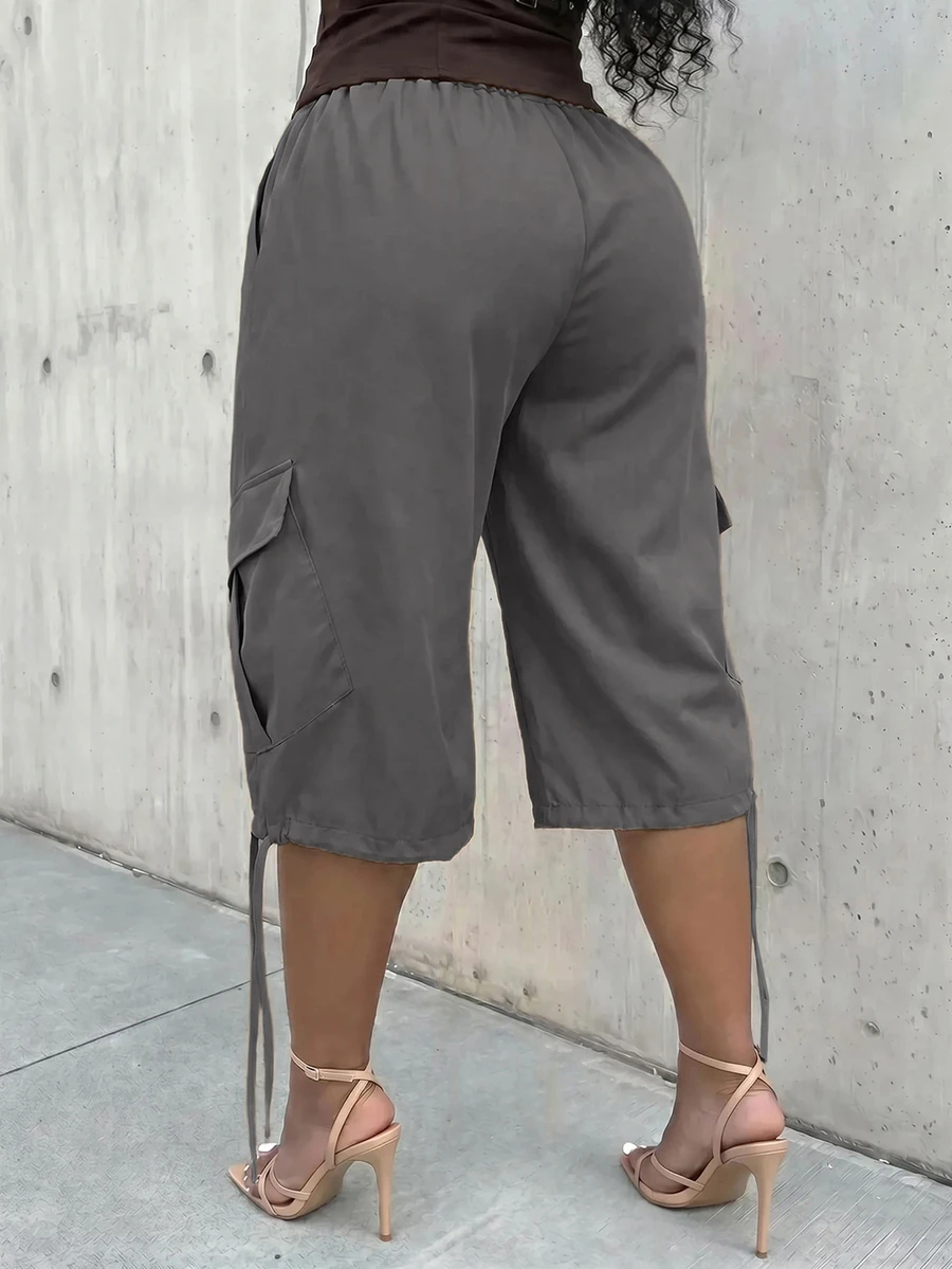 Slaydiva Plus Size Elastic Waist Cargo Tie-Up Capri Pants - Dark Grey - View 1
