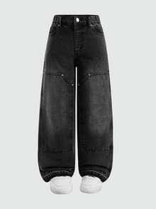 Tween Boy Denim Jeans, Vintage Streetwear Casual Style, Acid Wash, Distressed Texture, Layered, Teenagers, School Holiday Dark Wash Summer - Dark Grey - View 4