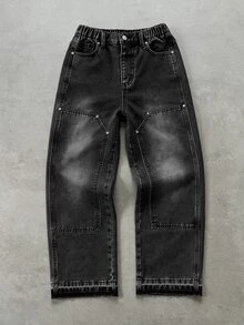 Tween Boy Denim Jeans, Vintage Streetwear Casual Style, Acid Wash, Distressed Texture, Layered, Teenagers, School Holiday Dark Wash Summer - Dark Grey - View 1