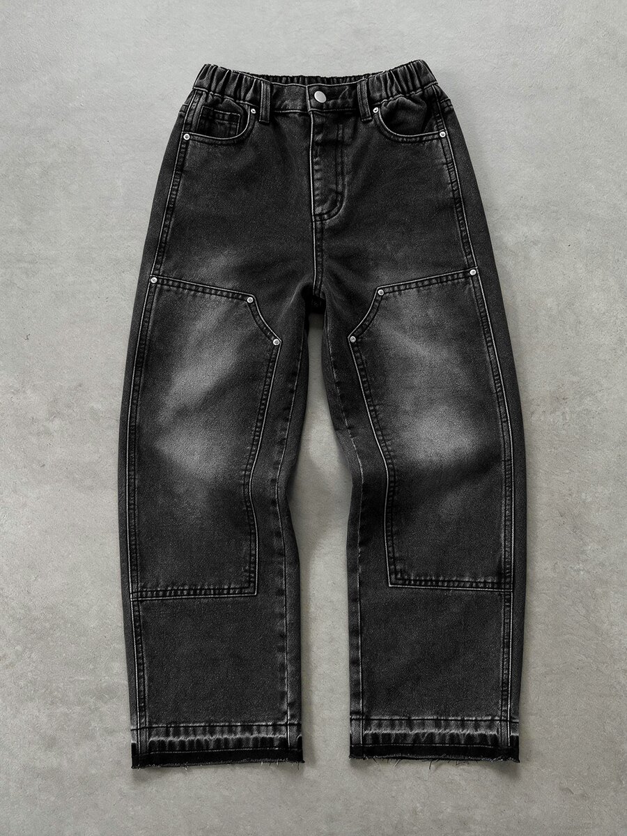 Tween Boy Denim Jeans, Vintage Streetwear Casual Style, Acid Wash, Distressed Texture, Layered, Teenagers, School Holiday Dark Wash Summer - Dark Grey - View 1