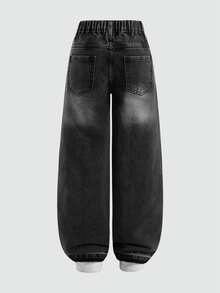 Tween Boy Denim Jeans, Vintage Streetwear Casual Style, Acid Wash, Distressed Texture, Layered, Teenagers, School Holiday Dark Wash Summer - Dark Grey - View 2