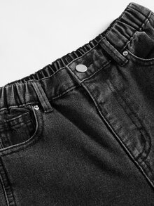 Tween Boy Denim Jeans, Vintage Streetwear Casual Style, Acid Wash, Distressed Texture, Layered, Teenagers, School Holiday Dark Wash Summer - Dark Grey - View 5