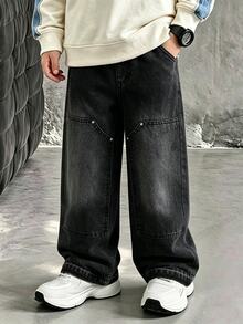Tween Boy Denim Jeans, Vintage Streetwear Casual Style, Acid Wash, Distressed Texture, Layered, Teenagers, School Holiday Dark Wash Summer - Dark Grey - View 3