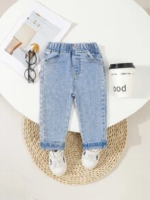 SHEIN Playful Pals Baby Boys Casual Western Soft Washed Distressed Elastic Basic Denim Long Pants, Lightweight, Suitable For All Seasons Aqua Blue Summer Autumn Fall - Light Wash - View 2