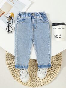 SHEIN Playful Pals Baby Boys Casual Western Soft Washed Distressed Elastic Basic Denim Long Pants, Lightweight, Suitable For All Seasons Aqua Blue Summer Autumn Fall - Light Wash - View 3