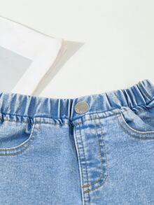SHEIN Playful Pals Baby Boys Casual Western Soft Washed Distressed Elastic Basic Denim Long Pants, Lightweight, Suitable For All Seasons Aqua Blue Summer Autumn Fall - Light Wash - View 5