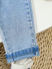 SHEIN Playful Pals Baby Boys Casual Western Soft Washed Distressed Elastic Basic Denim Long Pants, Lightweight, Suitable For All Seasons Aqua Blue Summer Autumn Fall - Light Wash - View 8