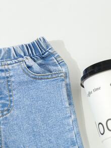 SHEIN Playful Pals Baby Boys Casual Western Soft Washed Distressed Elastic Basic Denim Long Pants, Lightweight, Suitable For All Seasons Aqua Blue Summer Autumn Fall - Light Wash - View 6