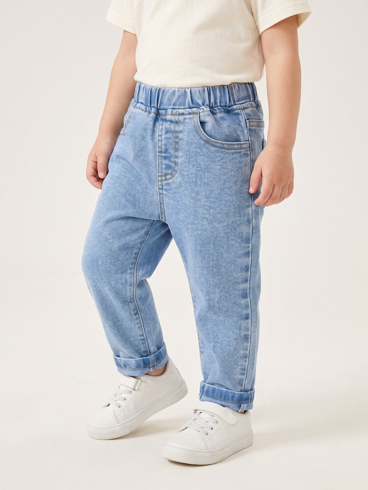SHEIN Playful Pals Baby Boys Casual Western Soft Washed Distressed Elastic Basic Denim Long Pants, Lightweight, Suitable For All Seasons Aqua Blue Summer Autumn Fall - Light Wash - View 1