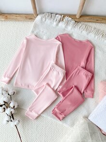 SHEIN 秋冬女童幼兒4件套，粉色可愛愛心印花，領口/袖口/下擺波浪邊，柔軟舒適緊身高彈薄款長袖長褲居家服，貼身剪裁 - 粉色 - 查看 3