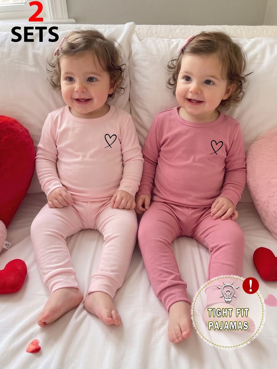 SHEIN 秋冬女童幼兒4件套,粉色可愛愛心印花,領口/袖口/下擺波浪邊,柔軟舒適緊身高彈薄款長袖長褲居家服,貼身剪裁 - 粉色 - 查看 1