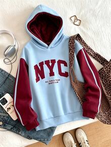 SHEIN 青少年女孩拼色抓絨內裡運動衫 NYC字母印花套頭連帽衛衣 藍色酒紅配色 插肩袖長袖保暖連帽上衣 秋季服飾 - 彩色 - 查看 8