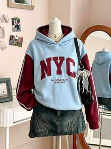 SHEIN 青少年女孩拼色抓絨內裡運動衫 NYC字母印花套頭連帽衛衣 藍色酒紅配色 插肩袖長袖保暖連帽上衣 秋季服飾 - 彩色 - 查看 6