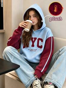 SHEIN 青少年女孩拼色抓絨內裡運動衫 NYC字母印花套頭連帽衛衣 藍色酒紅配色 插肩袖長袖保暖連帽上衣 秋季服飾 - 彩色 - 查看 4