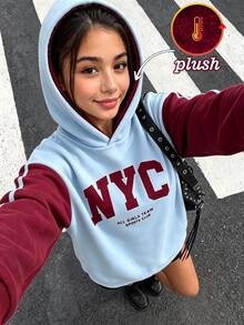 SHEIN 青少年女孩拼色抓絨內裡運動衫 NYC字母印花套頭連帽衛衣 藍色酒紅配色 插肩袖長袖保暖連帽上衣 秋季服飾 - 彩色 - 查看 2