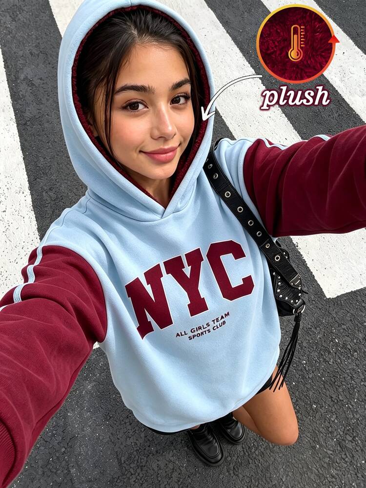SHEIN Teen Girls Color Block Fleece Lined Sweatshirt NYC Letter Print Pullover Hooded Sweatshirt Blue Burgundy Raglan Long Sleeve Warm Hooded Top Fall Clothes - Multicolor - View 1