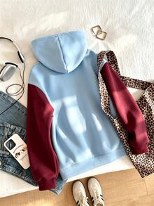 SHEIN 青少年女孩拼色抓絨內裡運動衫 NYC字母印花套頭連帽衛衣 藍色酒紅配色 插肩袖長袖保暖連帽上衣 秋季服飾 - 彩色 - 查看 3