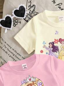 3pcs Baby Girls Casual Cute Comfortable Cartoon Little Princess Mermaid Print Spring Summer Short Sleeve T-Shirt 3-Pack Multicolor Pink White - Multicolor - View 5