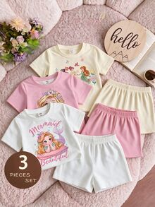 3pcs Baby Girls Casual Cute Comfortable Cartoon Little Princess Mermaid Print Spring Summer Short Sleeve T-Shirt 3-Pack Multicolor Pink White - Multicolor - View 3