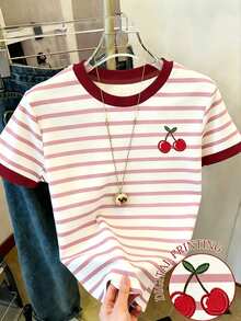 SHEIN 女童休閒仙女牛仔風白色領口與袖口撞色櫻桃印花短袖圓領T恤夏季上衣生日禮物 - 彩色 - 查看 4