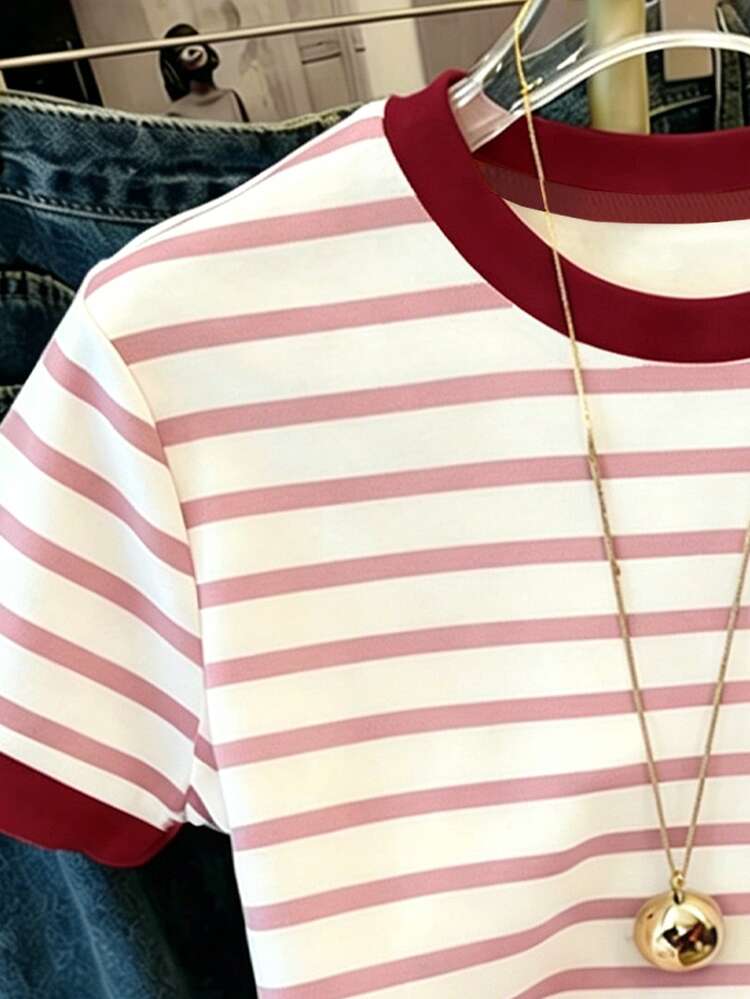 SHEIN Young Girls Casual Fairy Cowgirl White Collar And Cuffs Contrast Color Cherry Print Short Sleeve Round Neck T-Shirt Summer Tops Birthday - Multicolor - View 5