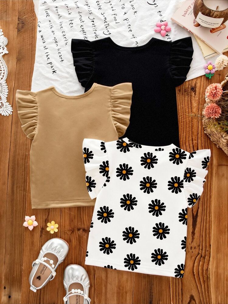 SHEIN Bohemian Ditsy Floral, Gentle Purple Striped, 3D Bow Pattern, Young Girl Casual Simple Versatile Round Neck Cap Sleeve T-Shirt 1pc Suitable For Spring - White - View 2