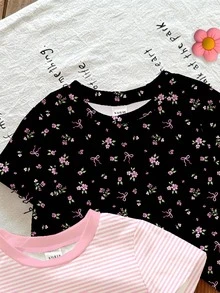 SHEIN 女童3件組夏季T恤套裝，牛仔女郎粉色、粉色條紋黑色極簡風，適合校園出遊，蝴蝶結印花刺繡洗禮禮服 - 彩色 - 查看 5