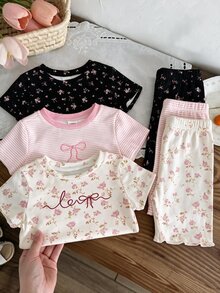 SHEIN 女童3件組夏季T恤套裝，牛仔女郎粉色、粉色條紋黑色極簡風，適合校園出遊，蝴蝶結印花刺繡洗禮禮服 - 彩色 - 查看 3
