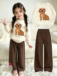 1 Set Young Girls Fall Outfits Cartoon Puppy Heart Glasses Polka Dot Print Crew Neck Sweatshirt & Wide Leg Pants - Multicolor - View 4