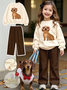 1 Set Young Girls Fall Outfits Cartoon Puppy Heart Glasses Polka Dot Print Crew Neck Sweatshirt & Wide Leg Pants - Multicolor - View 3