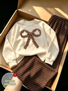 1 Set Young Girls Fall Outfits Bowknot & Polka Dot Print Crew Neck Sweatshirt & Wide Leg Pants, Fall Clothes Winter - Multicolor - View 1
