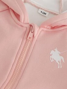 SHEIN Toddler Girl 2Pcs Cute Pink Fleece Hoodie & Pants Set, 3D Bow Ribbon Decor & Horse Print Zip Up Jacket Autumn/Winter Tracksuit - Dusty Pink - View 8