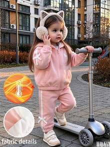 SHEIN Toddler Girl 2Pcs Cute Pink Fleece Hoodie & Pants Set, 3D Bow Ribbon Decor & Horse Print Zip Up Jacket Autumn/Winter Tracksuit - Dusty Pink - View 4