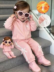 SHEIN Toddler Girl 2Pcs Cute Pink Fleece Hoodie & Pants Set, 3D Bow Ribbon Decor & Horse Print Zip Up Jacket Autumn/Winter Tracksuit - Dusty Pink - View 2