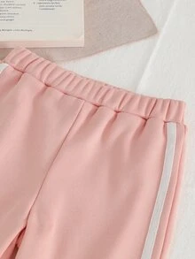 SHEIN Toddler Girl 2Pcs Cute Pink Fleece Hoodie & Pants Set, 3D Bow Ribbon Decor & Horse Print Zip Up Jacket Autumn/Winter Tracksuit - Dusty Pink - View 7