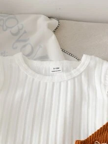 SHEIN Vintaside Kids 2pcs Toddler Girl Ribbed Top Romper Sweet White Rust Bow Print Ruffle Long Flutter Sleeve Round Neck Regular Birthday Fall Christmas Princess Button - Coffee Brown - View 4