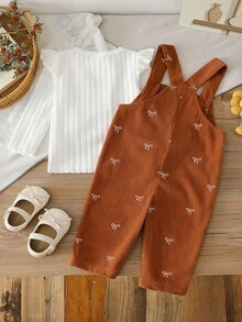 SHEIN Vintaside Kids 2pcs Toddler Girl Ribbed Top Romper Sweet White Rust Bow Print Ruffle Long Flutter Sleeve Round Neck Regular Birthday Fall Christmas Princess Button - Coffee Brown - View 2