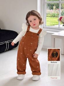 SHEIN Vintaside Kids 2pcs Toddler Girl Ribbed Top Romper Sweet White Rust Bow Print Ruffle Long Flutter Sleeve Round Neck Regular Birthday Fall Christmas Princess Button - Coffee Brown - View 3