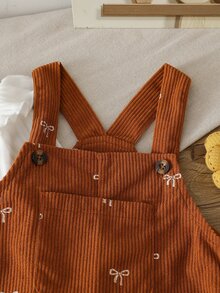 SHEIN Vintaside Kids 2pcs Toddler Girl Ribbed Top Romper Sweet White Rust Bow Print Ruffle Long Flutter Sleeve Round Neck Regular Birthday Fall Christmas Princess Button - Coffee Brown - View 6