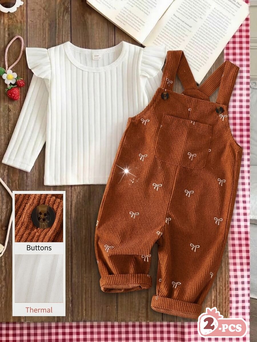 SHEIN Vintaside Kids 2pcs Toddler Girl Ribbed Top Romper Sweet White Rust Bow Print Ruffle Long Flutter Sleeve Round Neck Regular Birthday Fall Christmas Princess Button - Coffee Brown - View 1