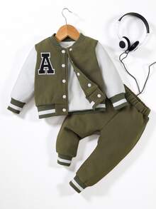 SHEIN 2pcs Baby Boy Casual Daily Versatile Sports Simplistic Letter Print Jacket And Pants Set, Suitable For Outdoor Wear - Dark Green - View 1