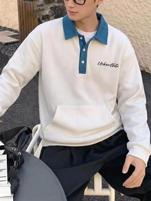 Teen Boys Casual College Polo Collar Half-Zip Sweatshirt, Suitable For College, Casual And Sports Wear - White - View 1