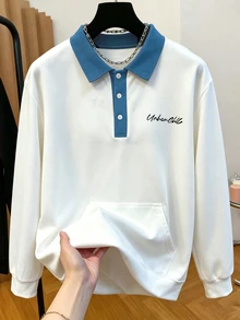 Teen Boys Casual College Polo Collar Half-Zip Sweatshirt, Suitable For College, Casual And Sports Wear - White - View 5