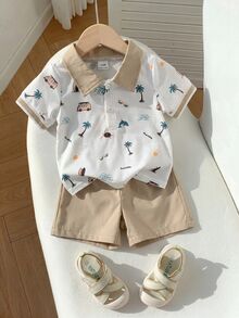Souflis Souflis 男嬰全白卡其色夏季休閒熱帶風度假兩件套，棕櫚樹船隻印花領子 Polo 衫搭配鬆緊短褲 - 米色 - 查看 3