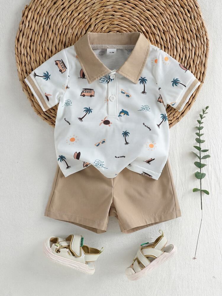 Souflis Souflis Baby Boy All White Khaki Summer Casual Tropical Modest Vacation Holiday 2 Pieces Set,Palm Tree Boat Print Polo Shirt With Collar And Elastic Shorts - Beige - View 11