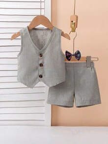 SHEIN 2件組嬰兒背心短褲蝴蝶結套裝，嬰兒首套服飾，灰色無袖背心，鈕扣細節，夏季休閒端莊優雅，適合婚禮與音樂會 - 彩色 - 查看 9