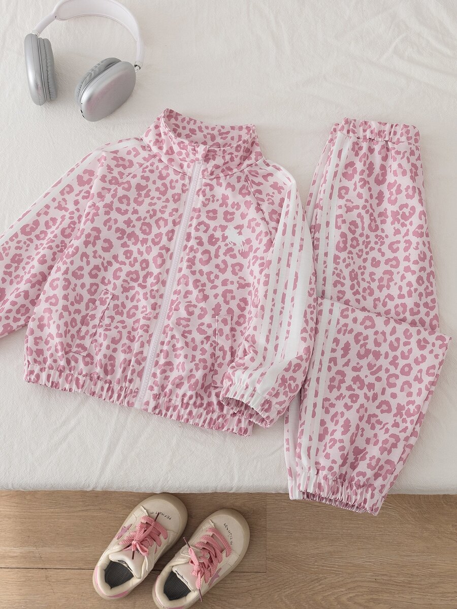 SHEIN Genkimix Kids Young Girls Pink All-Over Print Leopard Outerwear 2 Pcs Set, Matching Leopard Print Pants With Cuffed Ankles, Outings, Photo Shoots, Autumn And Winter - Pink - View 1